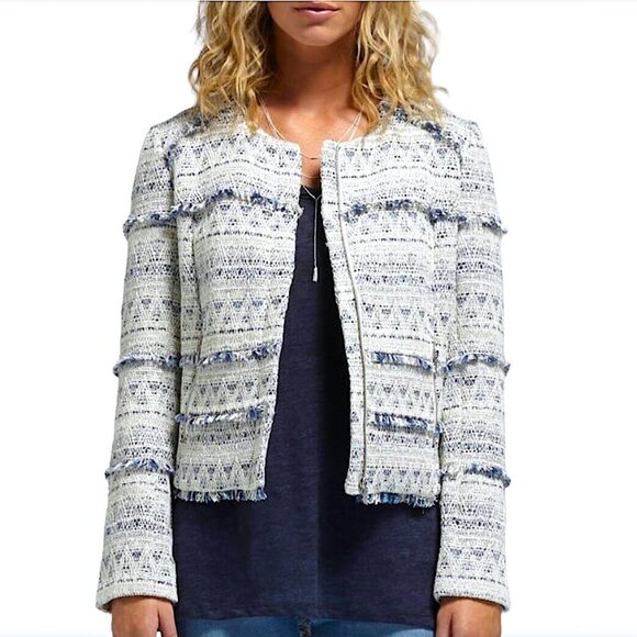 JOIE Tesita Fringed Woven Boucle Crop Zip Front Jacket Blue & Ivory - Picture 1 of 16